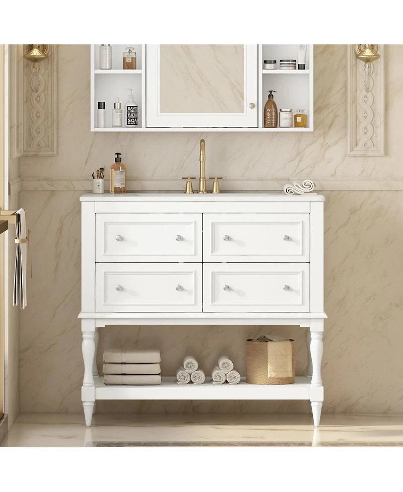 Sillysis 36" Modern Bathroom Vanity with Ceramic Sink, Freestanding Solid Wood Cabinet, 4 Drawers & Storage Shelf