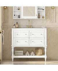 Sillysis 36" Modern Bathroom Vanity with Ceramic Sink, Freestanding Solid Wood Cabinet, 4 Drawers & Storage Shelf