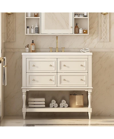 Sillysis 36" Modern Bathroom Vanity with Ceramic Sink, Freestanding Solid Wood Cabinet, 4 Drawers & Storage Shelf