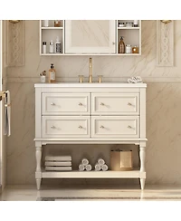 Sillysis 36" Modern Bathroom Vanity with Ceramic Sink, Freestanding Solid Wood Cabinet, 4 Drawers & Storage Shelf