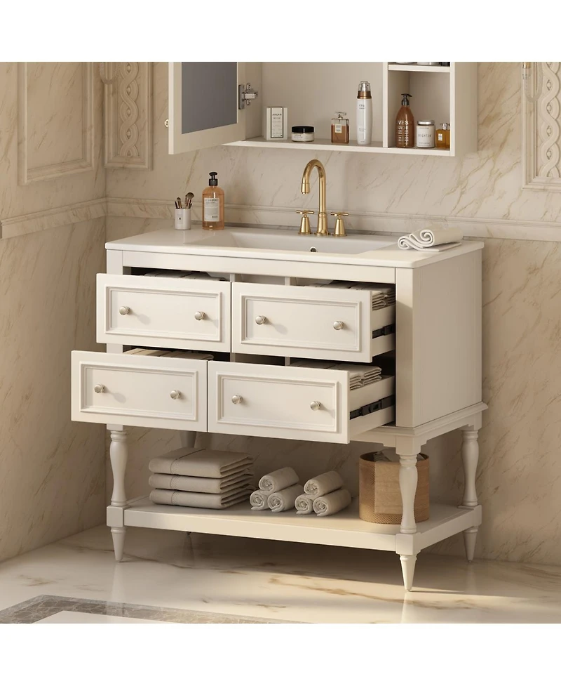 Sillysis 36" Modern Bathroom Vanity with Ceramic Sink, Freestanding Solid Wood Cabinet, 4 Drawers & Storage Shelf