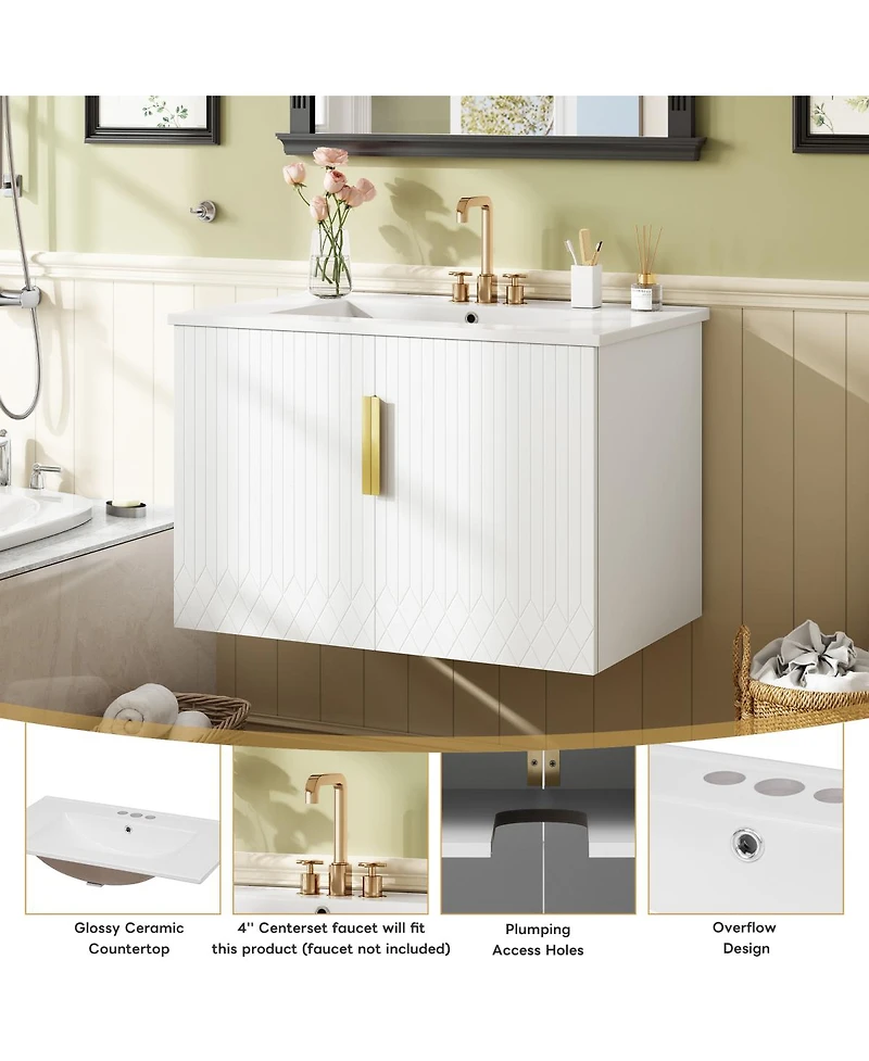 Sillysis 30" Wall Mounted Bathroom Vanity with Sink, Modern Striped Cabinet Adjustable Storage & Ceramic Basin for Small Bathrooms