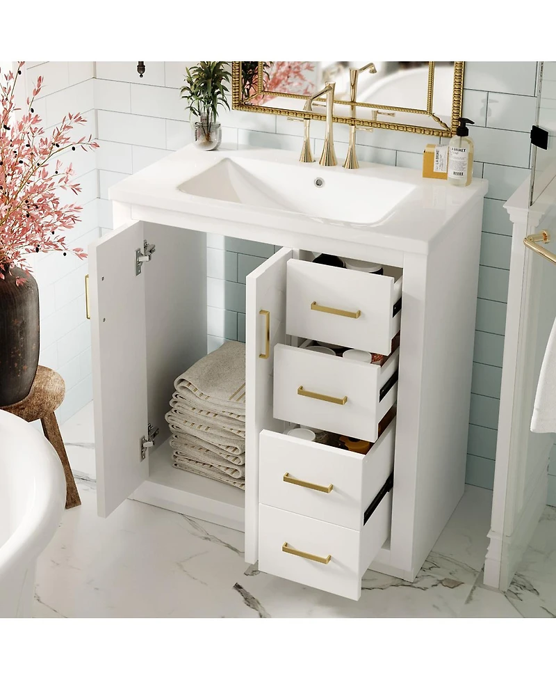 Sillysis 30" Bathroom Vanity with Ceramic Sink, 3 Drawers & Soft Close Doors, Solid Wood Cabinet for Ample Storage