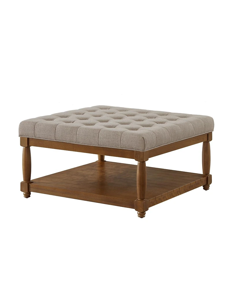Streamdale Furniture Large Tufted Linen Ottoman Coffee Table with Solid Wood Shelf