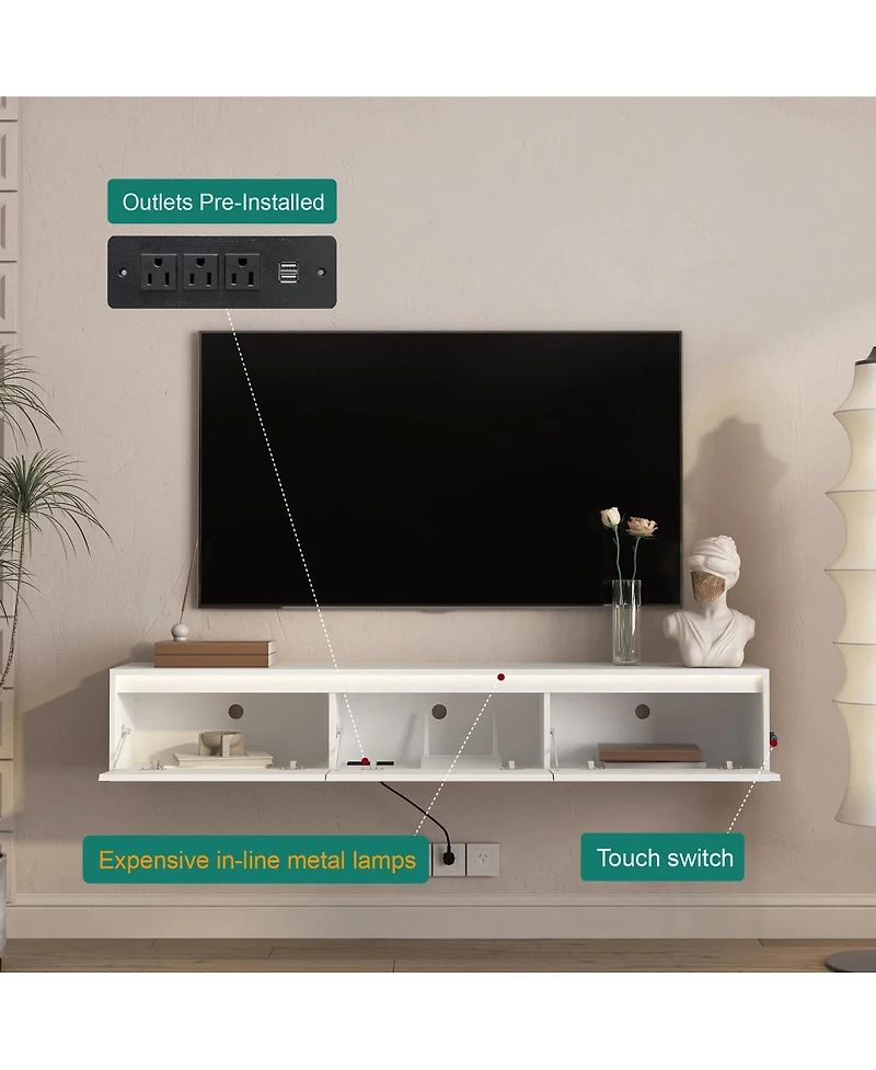 Streamdale Furniture Floating Tv Stand with Led Lights & Power Outlet