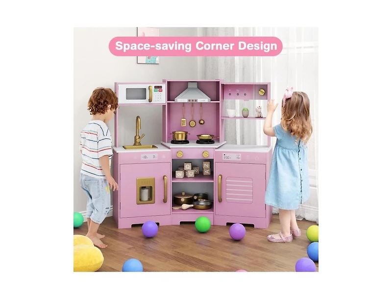 Slickblue Pretend Play Wooden Kitchen Set with Range Hood and Realistic Effects