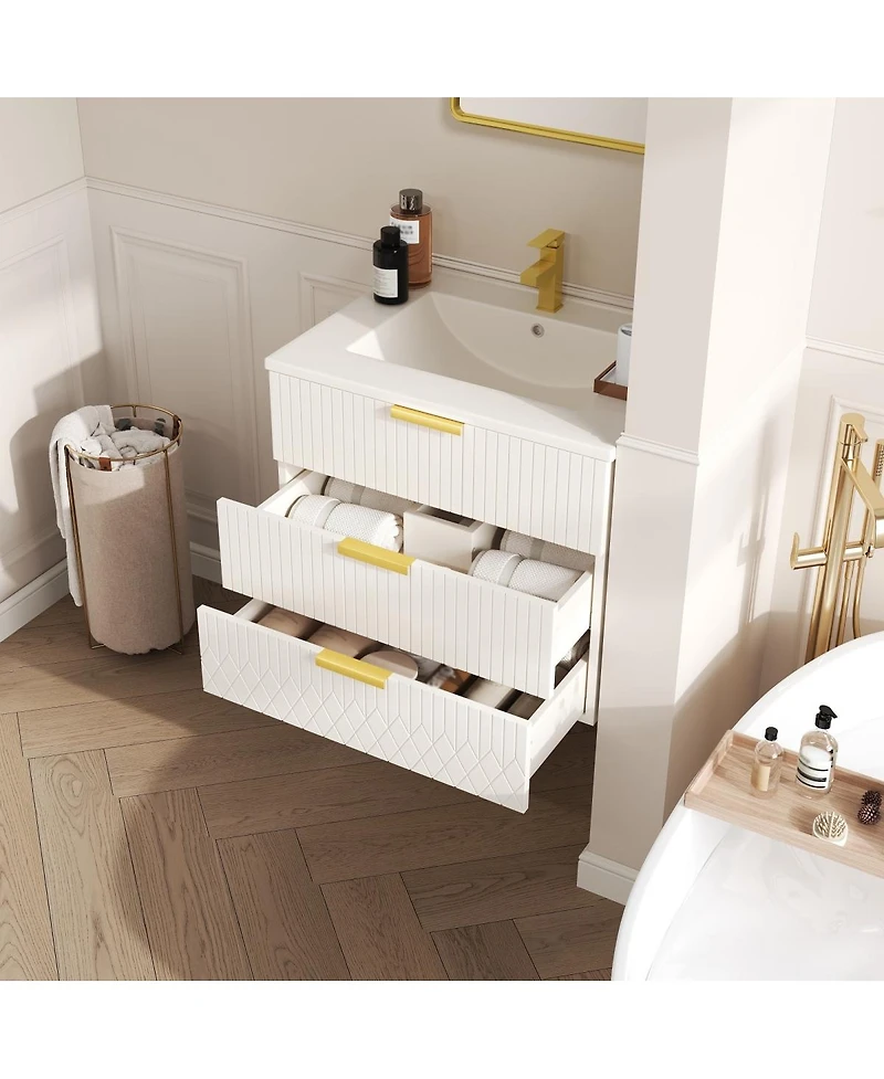Sillysis 24"Wall Mounted Bathroom Vanity with Ceramic Sink & Double Drawers, Stripe Design for Small Bathrooms