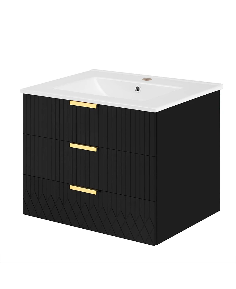 Sillysis 24"Wall Mounted Bathroom Vanity with Ceramic Sink & Double Drawers, Stripe Design for Small Bathrooms