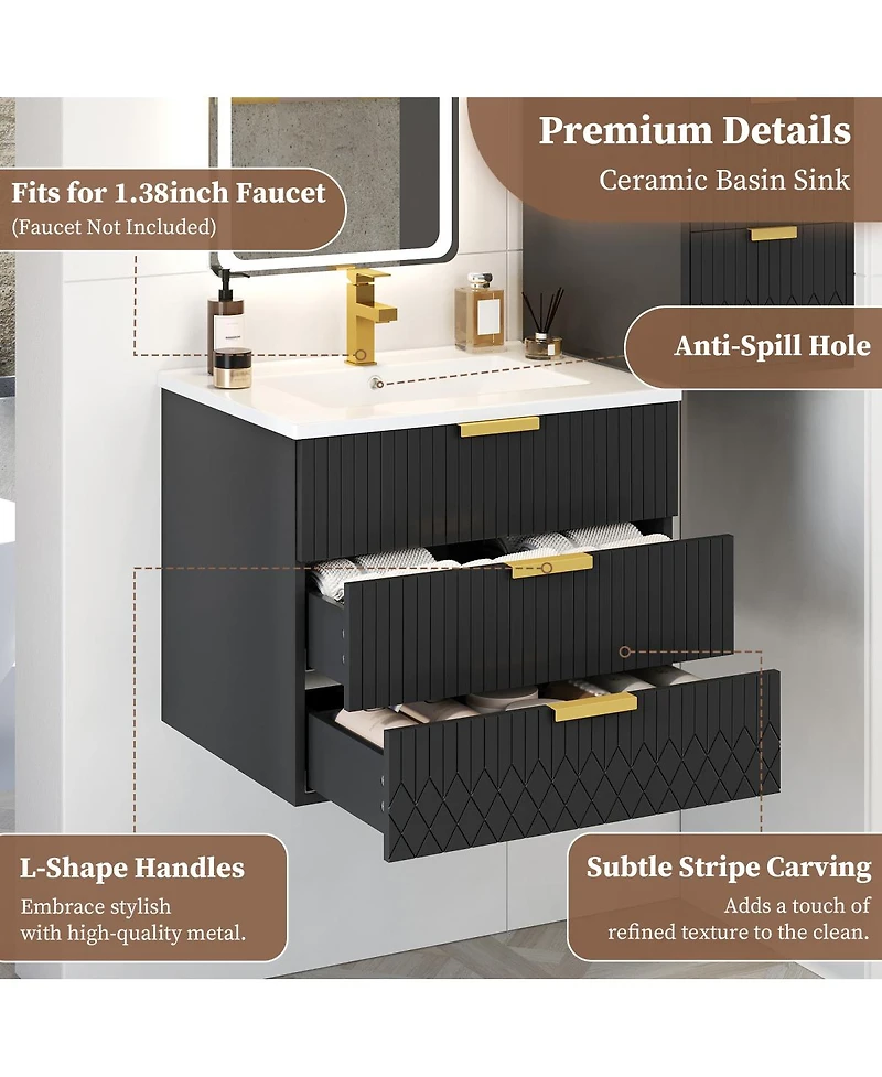 Sillysis 24"Wall Mounted Bathroom Vanity with Ceramic Sink & Double Drawers, Stripe Design for Small Bathrooms