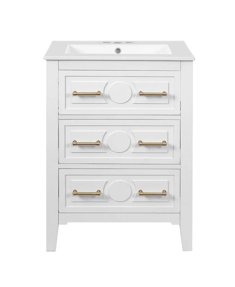 Sillysis 24 Inch Bathroom Vanity with Ceramic Sink, Retro Solid Wood Cabinet, 3 Soft Close Drawers for Small Bathrooms