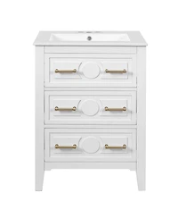 Sillysis 24 Inch Bathroom Vanity with Ceramic Sink, Retro Solid Wood Cabinet, 3 Soft Close Drawers for Small Bathrooms