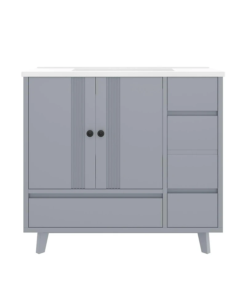 Sillysis 36" Bathroom Vanity with Sink, Solid Wood Cabinet, 4 Drawers and Side Storage for Small Bathrooms