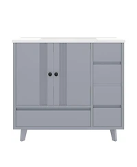 Sillysis 36" Bathroom Vanity with Sink, Solid Wood Cabinet, 4 Drawers and Side Storage for Small Bathrooms
