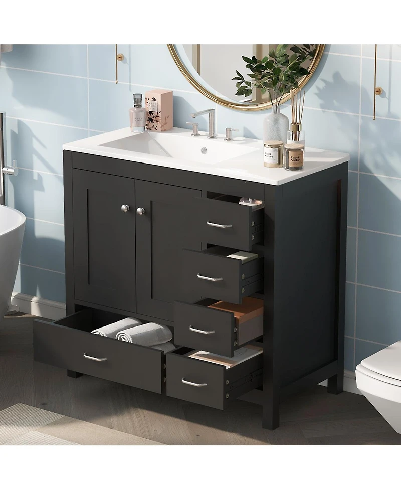 Sillysis 36" Bathroom Vanity with Sink, Solid Wood Cabinet & 5 Drawers Storage, Modern Freestanding Bath for Small Spaces
