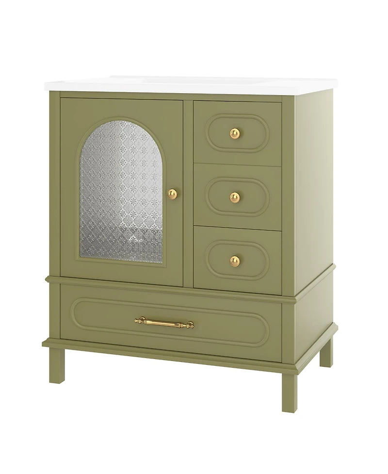 Sillysis 30" Freestanding Bathroom Vanity with Sink, Solid Wood Bathroom Cabinet with Arched Door for Small Bathrooms