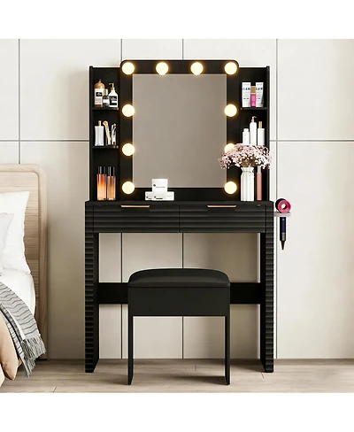 Streamdale Furniture Makeup Vanity Desk with Hollywood Bulbs, Charging Station & Stool