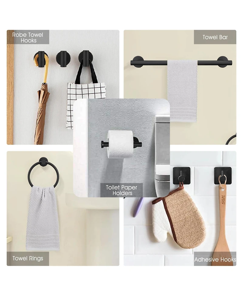 Rainsken 9-Piece Wall-Mounted Bathroom Hardware Accessory Set, Stainless Steel Towel Bar, Towel Ring, Toilet Paper Holder and Robe Hook