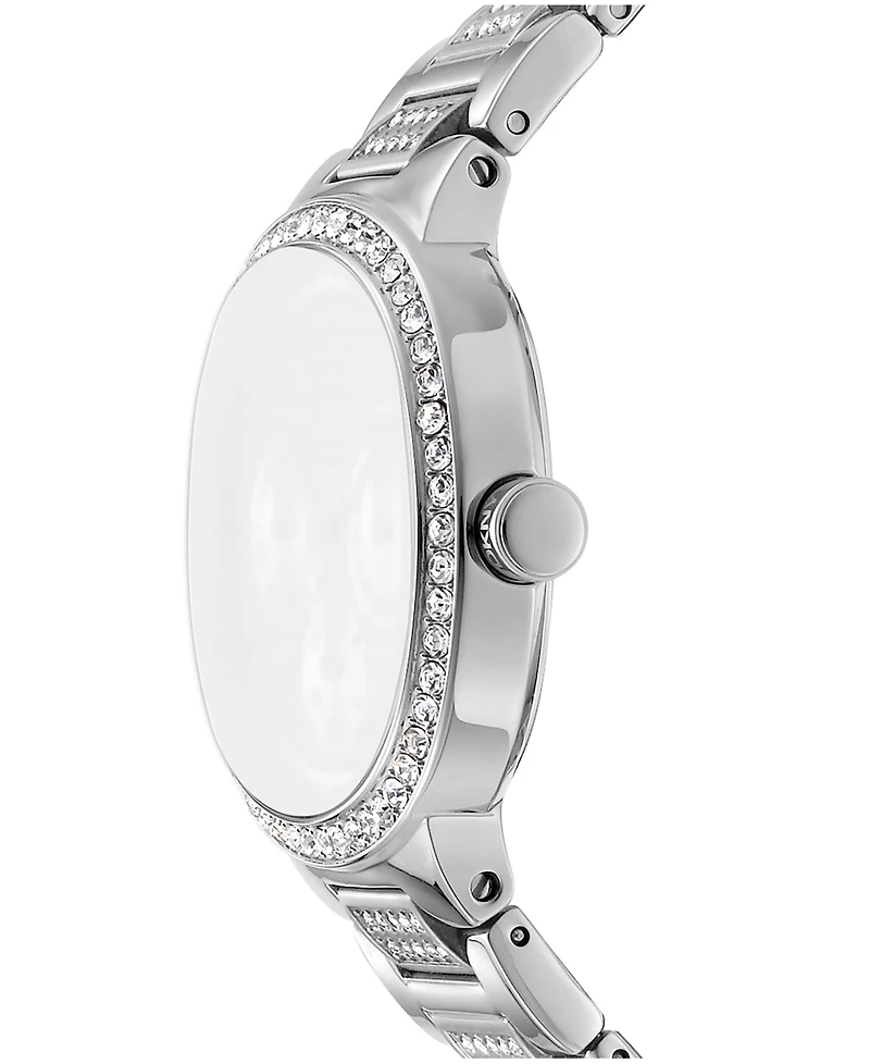 Dkny Women's Silver Crystal Covered Dial Crystal Bezel Stainless Steel Bracelet Multifunctional Watch, 36mm