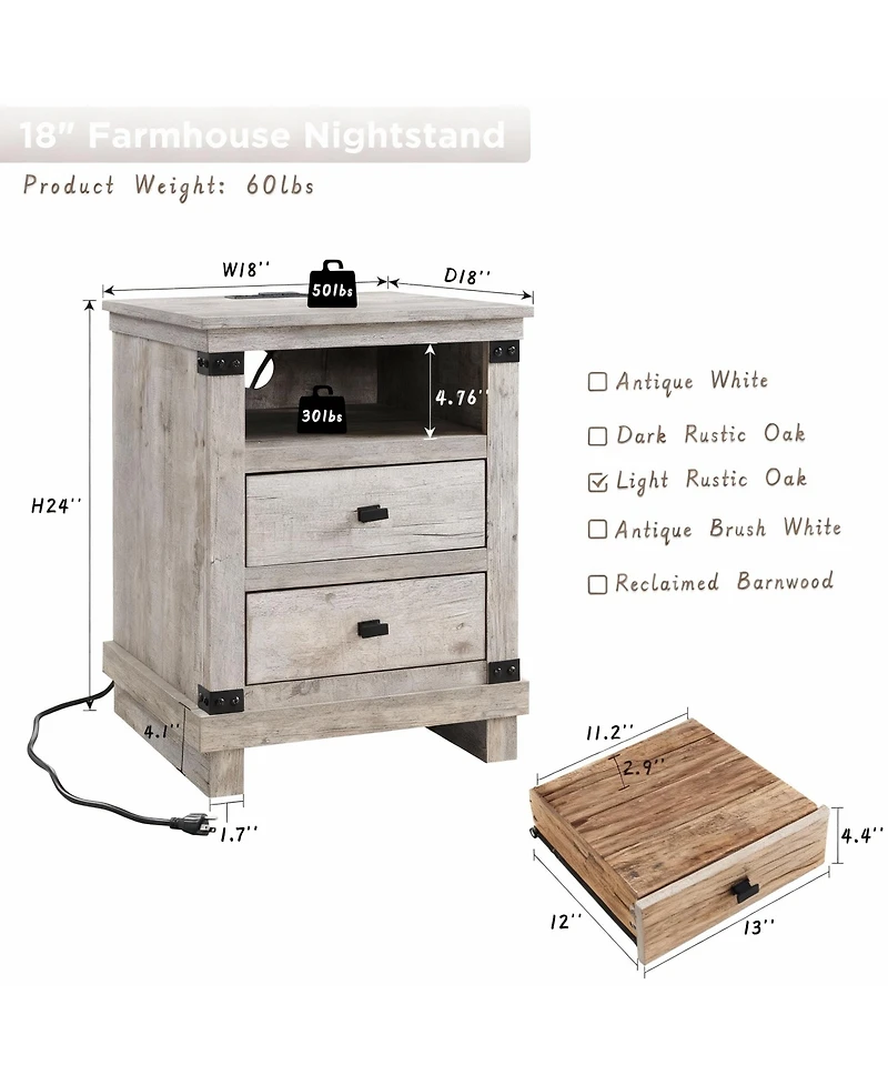 Yigii Rustic Nightstand with Charging Station & Storage