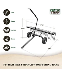 Yard Tuff 72" Pine Straw Atv Tow Behind Steel Landscape Rake w/Wheels & Handle