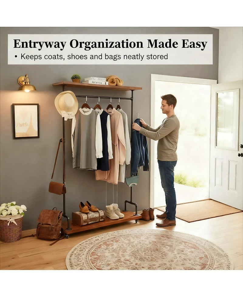 Yigii Industrial Pipe Clothes Rack with Wheels, 2-Tier, Heavy Duty