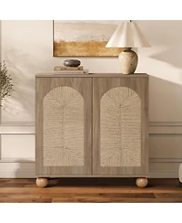 LuxenHome 2-Door Natural Oak Finish Manufactured Wood Cabinet, Pine Round Ball Legs