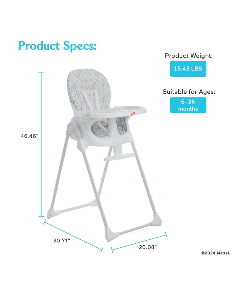 Dream On Me Baby Fisher Price Tiny Bites highchair one-click fold, 7 heights, 2 reclines, removable dishwasher-safe tray, lightweight and space-saving