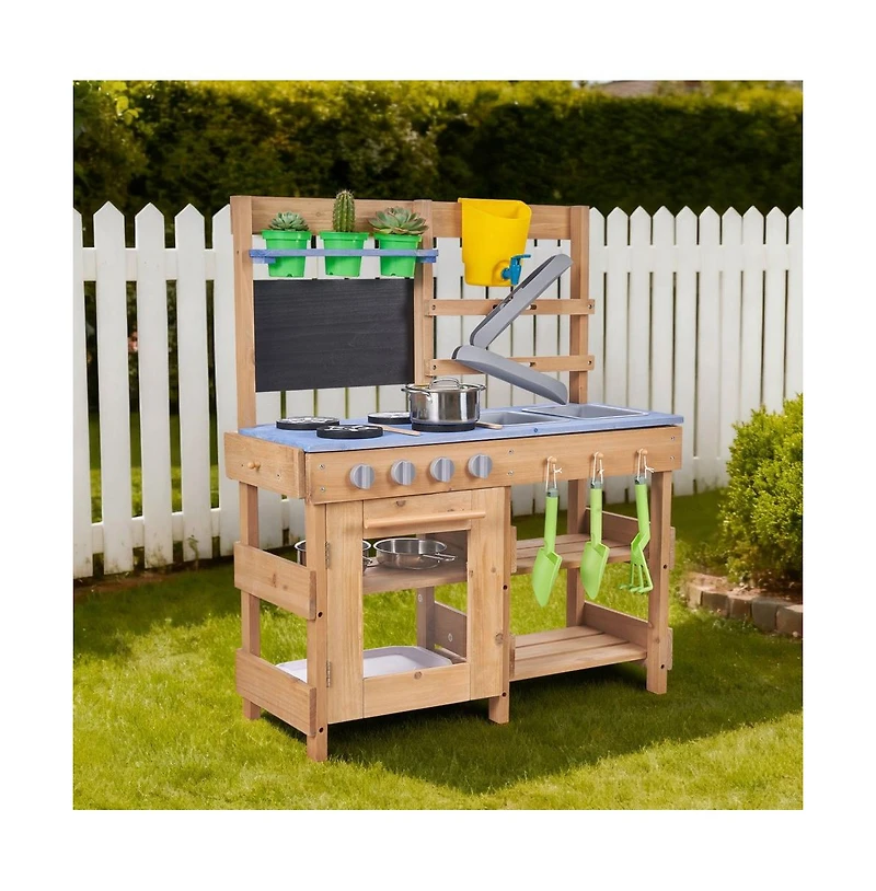 Slickblue Wooden Outdoor Mud Kitchen with Stoves, Hooks, and Cookware