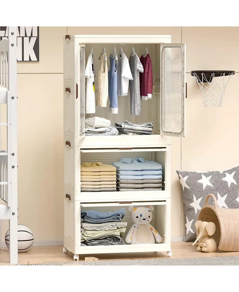 Clihome Portable Wardrobe Closet Storage Organizer,Clothes Dresser,Magnetic Doors with 4 Cubes & Hanging Rod