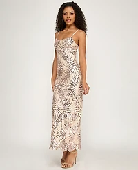 City Studios Women's Scoop-Neck Embroidered Sequin Maxi Dress