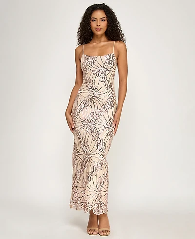 City Studios Women's Scoop-Neck Embroidered Sequin Maxi Dress