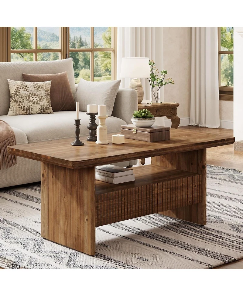 Tribesigns 2-Tier Solid Wood Coffee Table with 2 Drawers, 47.24" Rustic Rectangle Center Tea Table for Living Room with Open Shelf Storage