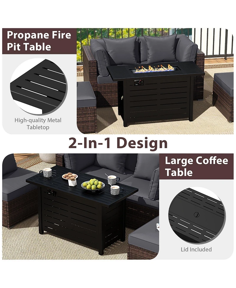 Gymax Set of 5 Patio Furniture Heavy-duty Frame Rattan Sofa w/ 60000 Btu Firepit Table