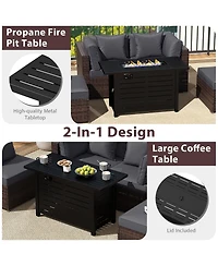 Gymax Set of 5 Patio Furniture Heavy-duty Frame Rattan Sofa w/ 60000 Btu Firepit Table