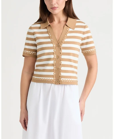 Ellen Tracy Women's Short Sleeve Ric Rac Trims Cardigan