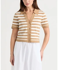 Ellen Tracy Women's Short Sleeve Ric Rac Trims Cardigan