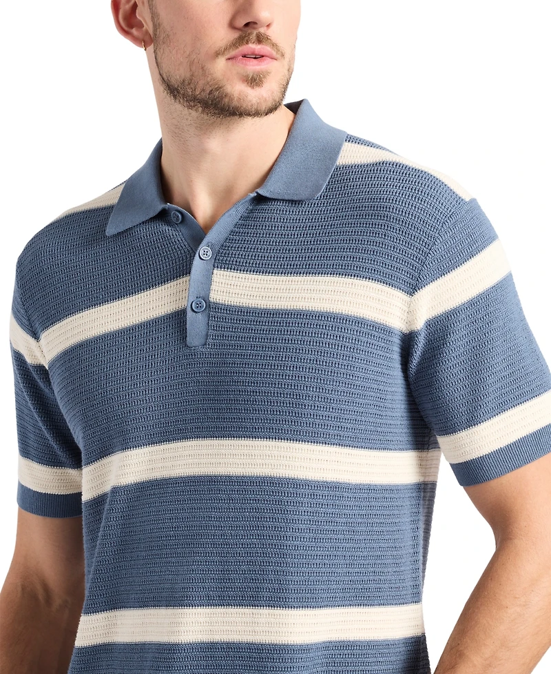 Men's Winder Short Sleeve Textured Striped Polo Sweater