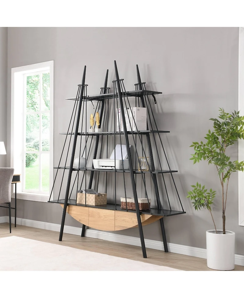 Rainsken Sailboat-Inspired Bookshelf, 4-Tier Open Storage Shelf, Freestanding Display Rack with Drawer for Living Room, Home Office