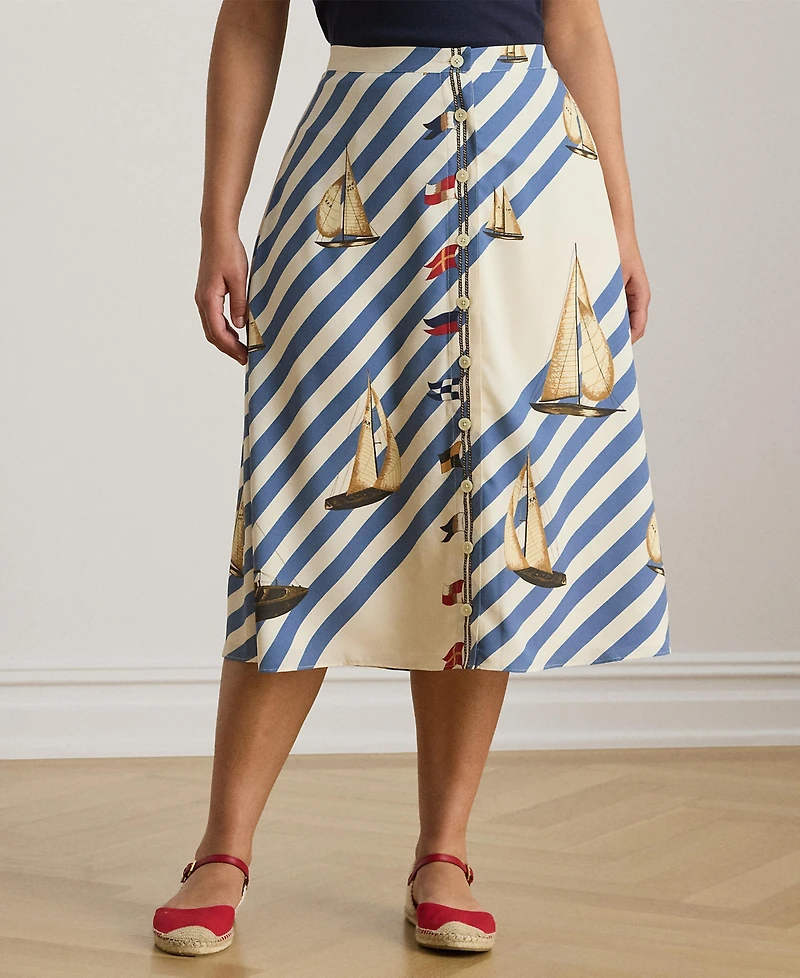 Lauren Ralph Plus Striped Sailboat Print Skirt