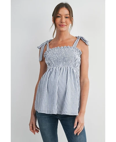 Hello Miz Maternity Striped Smocked Square Neck Tie Strap Top