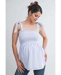 Hello Miz Maternity Striped Smocked Square Neck Tie Strap Top