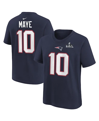 Nike Big Boys and Girls Drake Maye Navy New England Patriots Super Bowl Lx Patch Name Number T-Shirt
