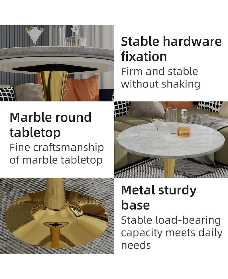 Streamdale Furniture Gold 27.6" Mid-Century Modern Coffee/Dining Table with Round Marble Top.