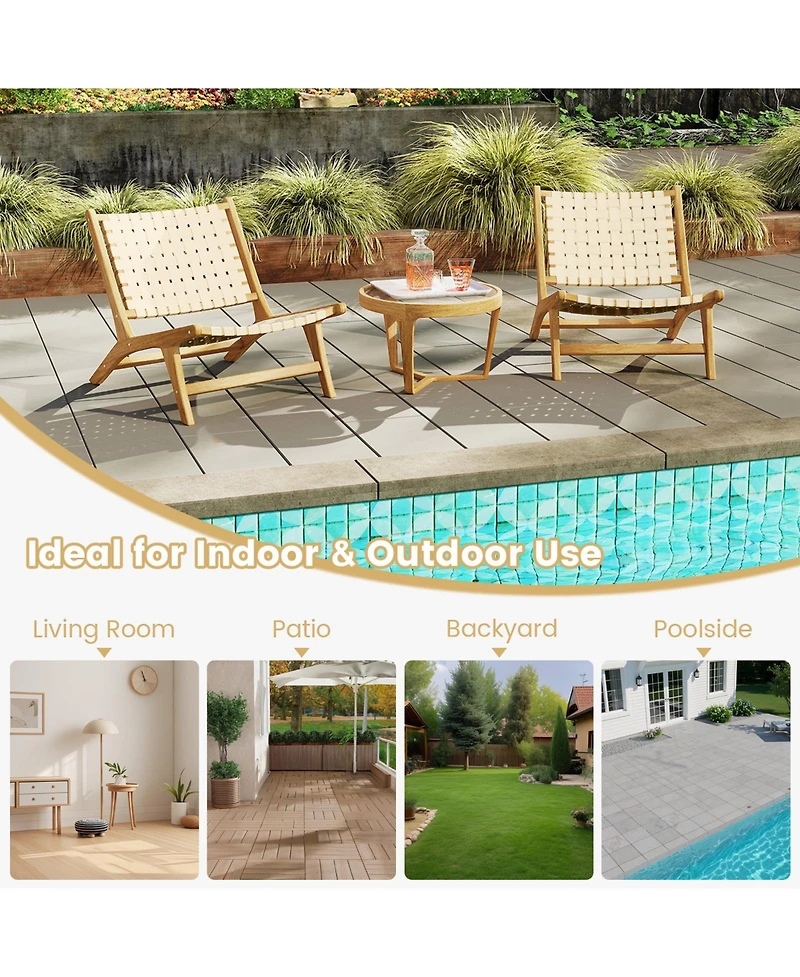 Gymax Teak Wood Patio Chair w/Webbing Seat & Backrest Mid-century Accent Chair