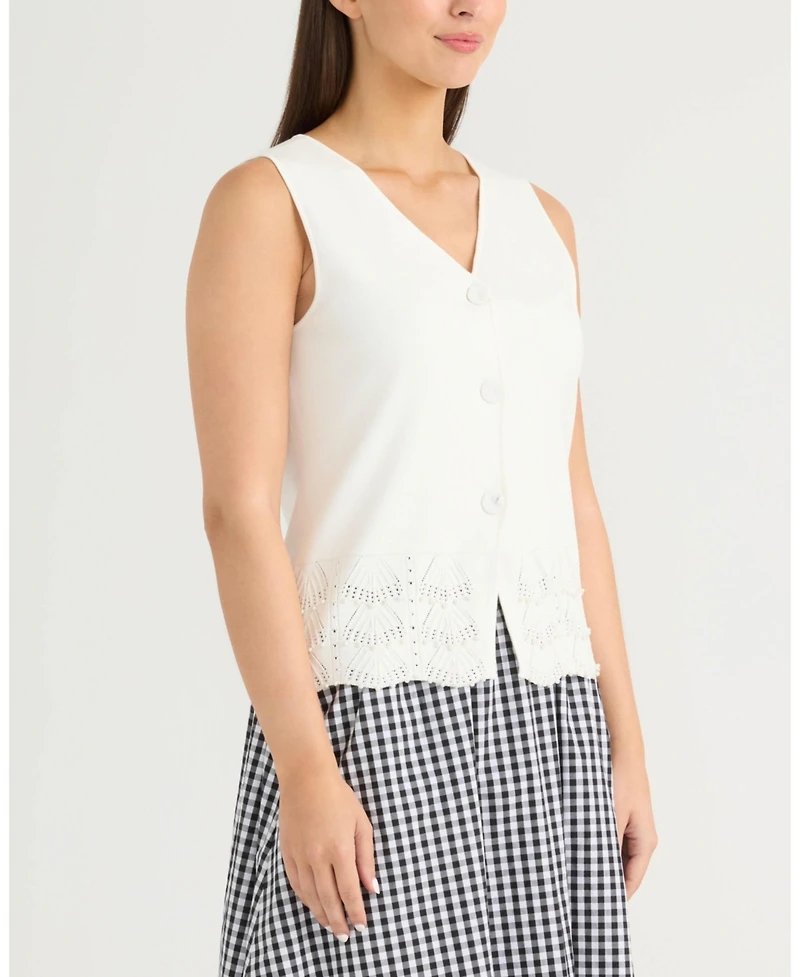 Ellen Tracy Women's Button Front Sweater Vest with Pearl Detailing