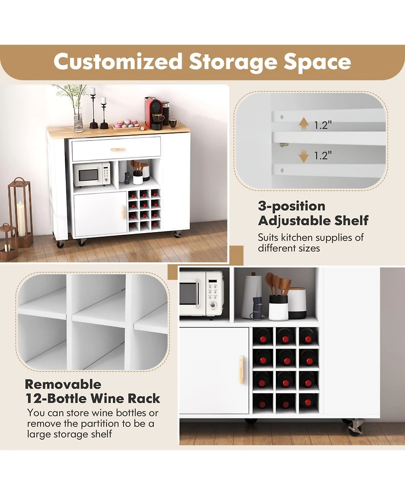 Volenca Reversible Folding Kitchen Island Cart with Wine Rack, Spice Rack, Rolling Wheels