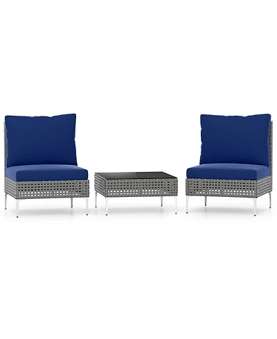 Gymax Set Of 3 Patio Furniture w/ Tempered Glass Coffee Table Soft Back & Seat Cushions