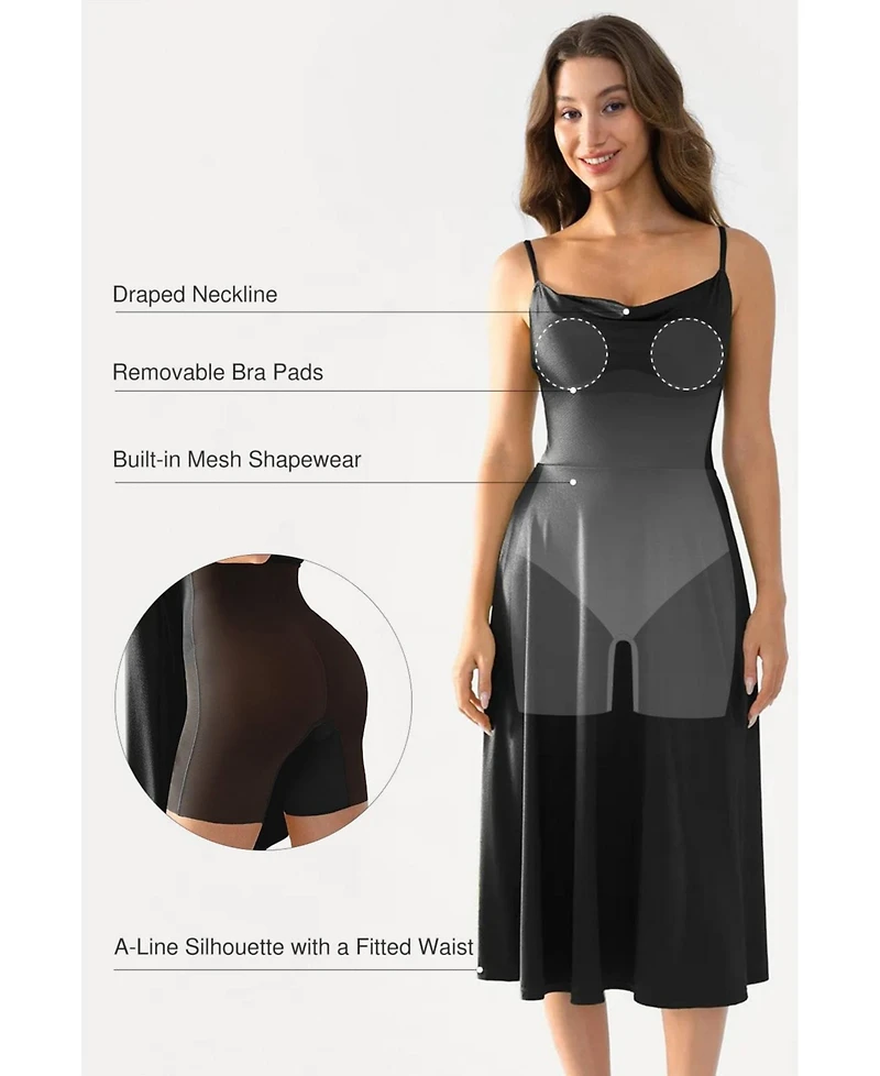 Popilush Women's Shapewear Strappy Cowl Neck Fit & Flare Midi Dress
