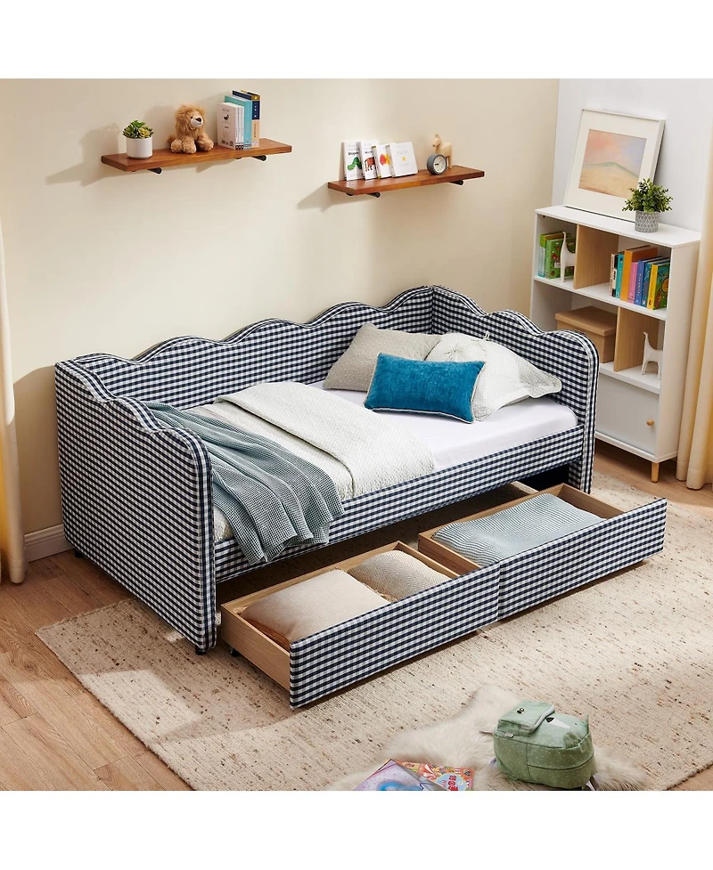 Streamdale Furniture Twin Size Gingham Daybed with Storage Drawers, Usb Port & Wave Shape