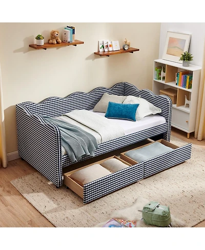 Streamdale Furniture Twin Size Gingham Daybed with Storage Drawers, Usb Port & Wave Shape